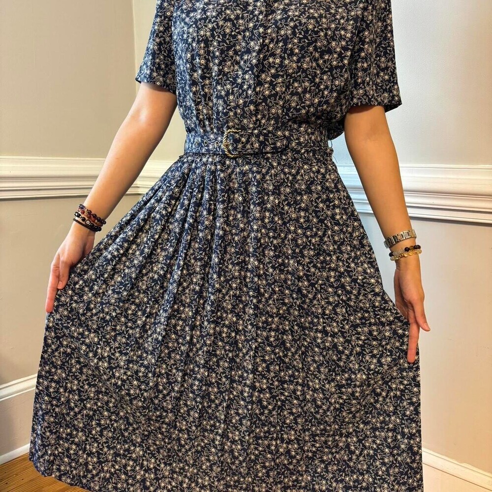 Vintage Cottagecore Navy Blue Floral Short Sleeve Maxi Retro Pleated Dress Small